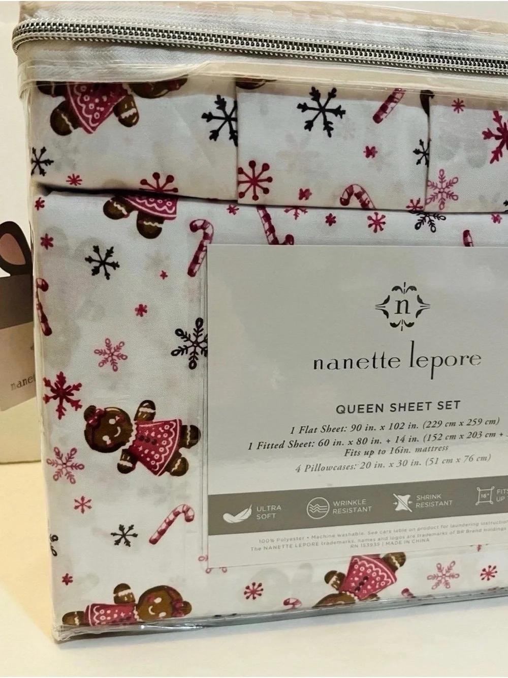 Nanette Lepore Gingerbread Girl Candy Canes Snowflakes Queen Size Sheet Set
